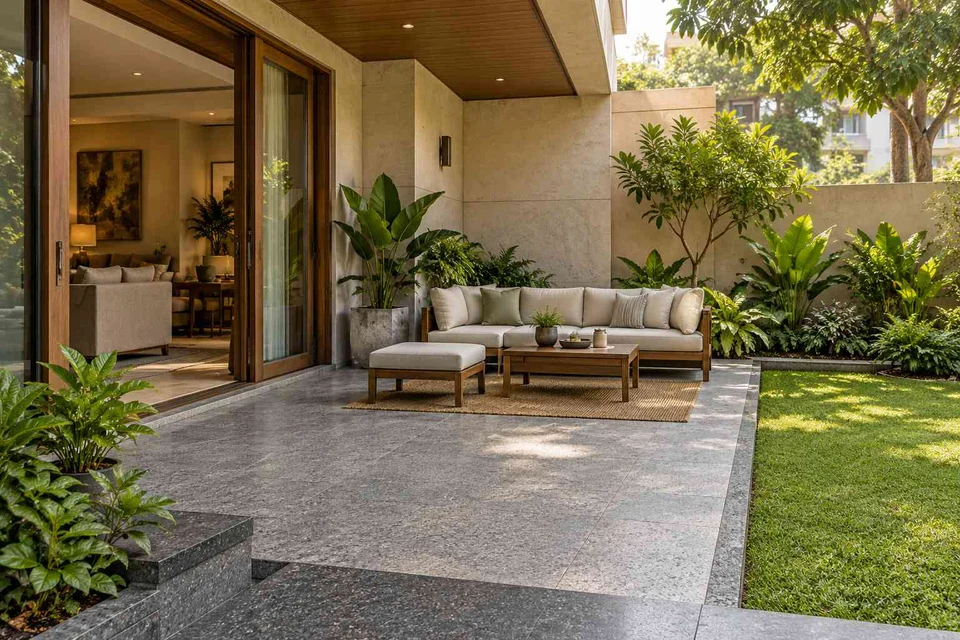 AI-generated outdoor concept: garden threshold patio, granite precision direction