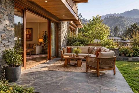 AI-generated outdoor concept: garden threshold patio, hill timber direction