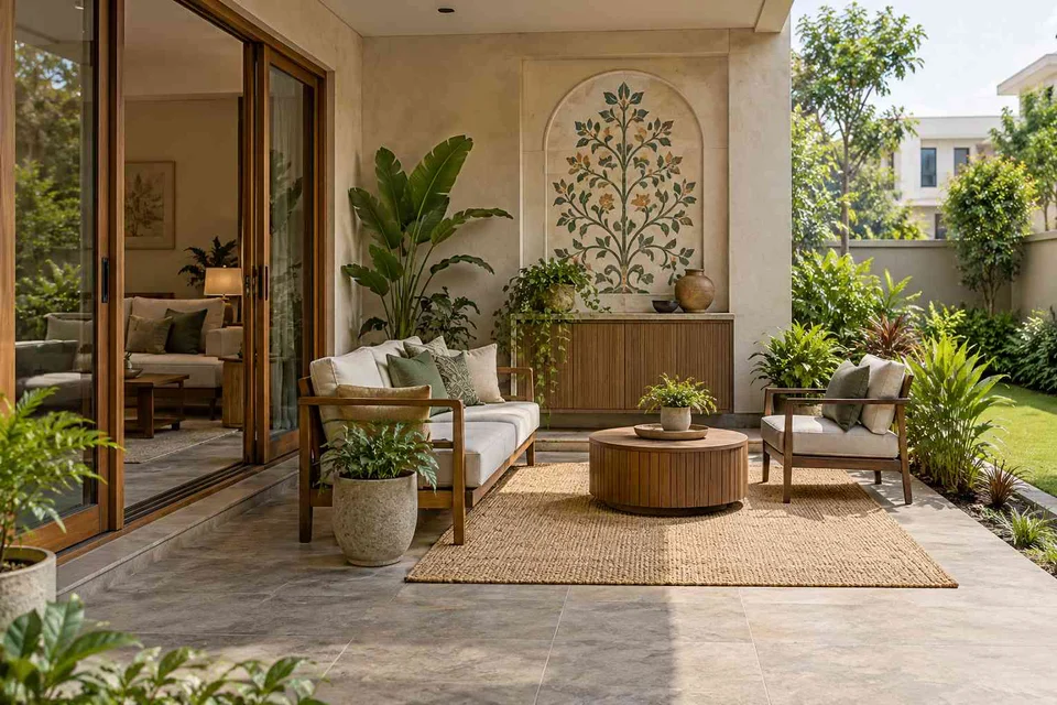 AI-generated outdoor concept: garden threshold patio, inlay atelier direction