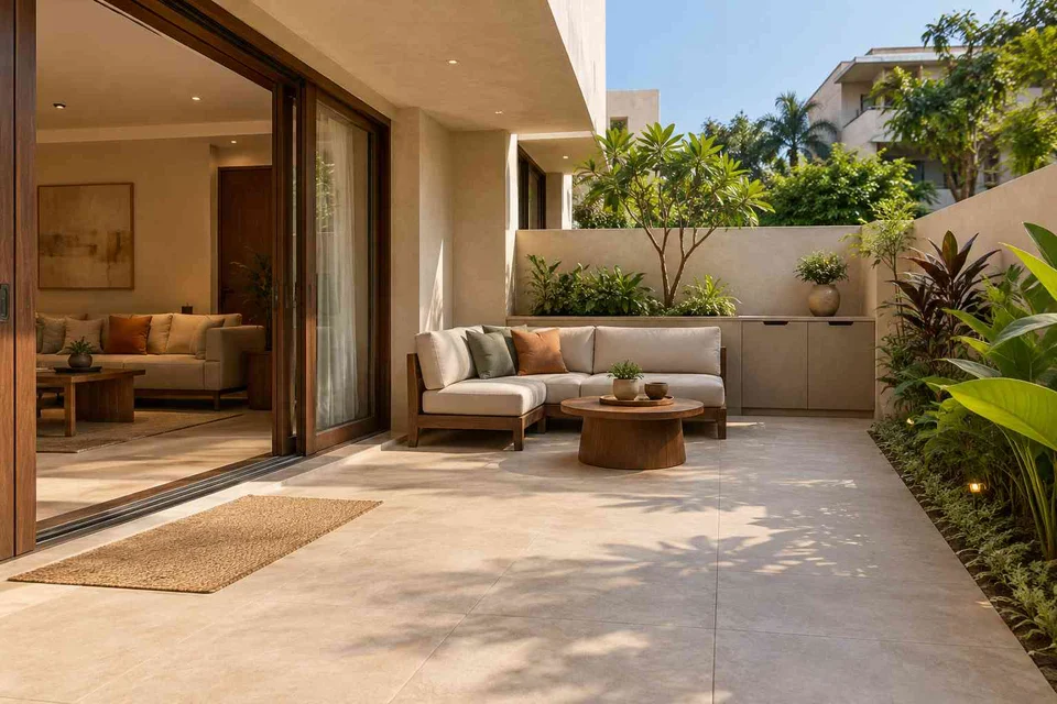 AI-generated outdoor concept: garden threshold patio, lime and walnut direction