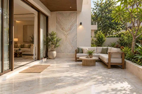 AI-generated outdoor concept: garden threshold patio, marble restraint direction