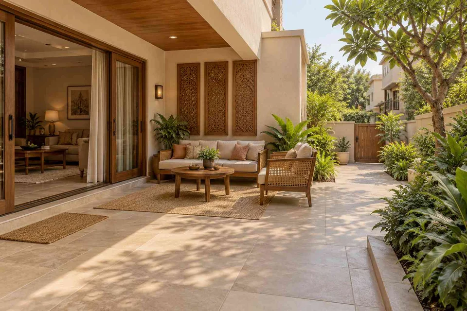AI-generated outdoor concept: garden threshold patio, modern carved direction