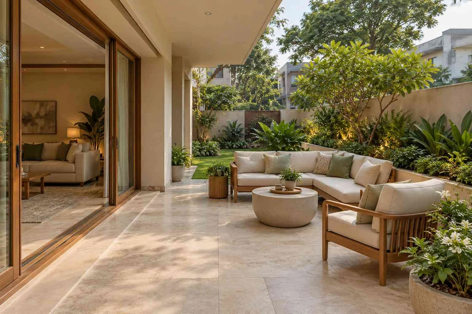 AI-generated outdoor concept: garden threshold patio, quiet contemporary direction