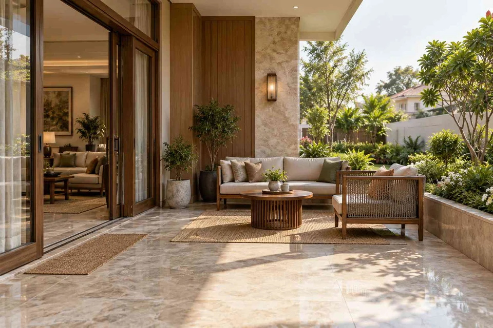 AI-generated outdoor concept: garden threshold patio, quiet transitional direction