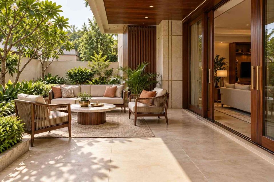 AI-generated outdoor concept: garden threshold patio, rosewood brass direction