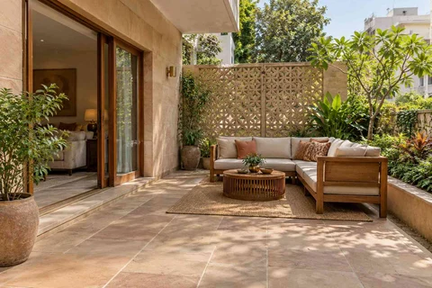 AI-generated outdoor concept: garden threshold patio, sandstone lattice direction