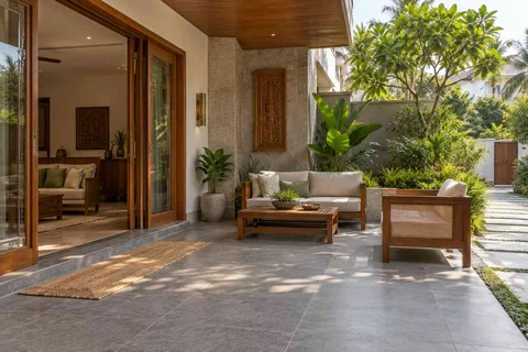 AI-generated outdoor concept: garden threshold patio, teak craft direction
