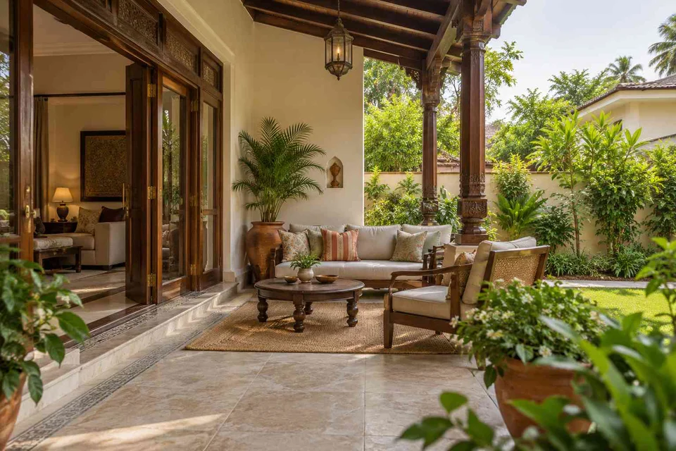 AI-generated outdoor concept: garden threshold patio, terracotta heritage direction