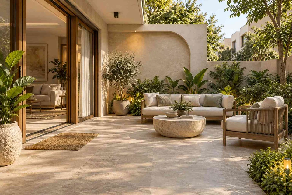 AI-generated outdoor concept: garden threshold patio, textured mineral direction