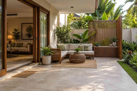 AI-generated outdoor concept: garden threshold patio, tropical slatted direction