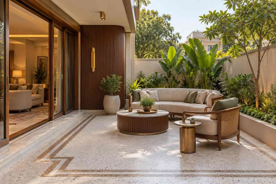 AI-generated outdoor concept: garden threshold patio, urban deco direction