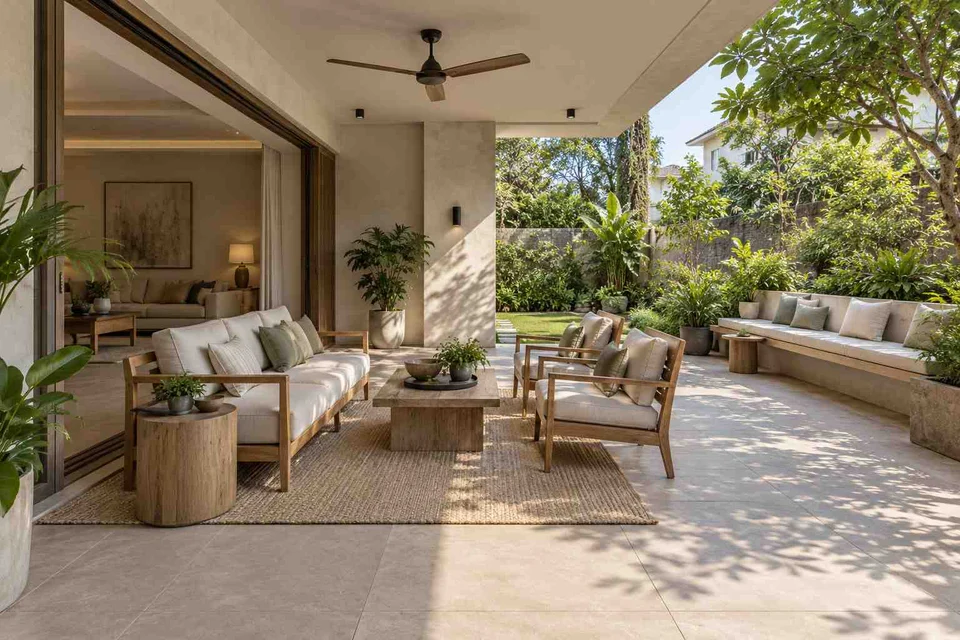 AI-generated outdoor concept: indoor outdoor salon, ash and linen direction