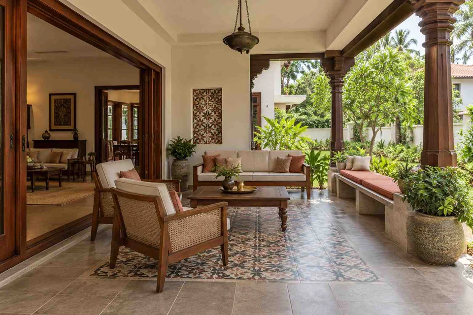AI-generated outdoor concept: indoor outdoor salon, chettinad tile direction