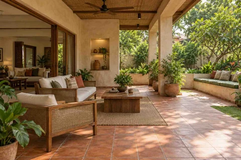 AI-generated outdoor concept: indoor outdoor salon, clay artisan direction
