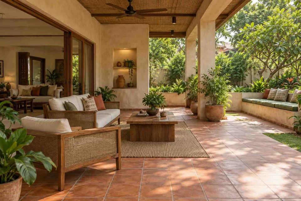 AI-generated outdoor concept: indoor outdoor salon, clay artisan direction