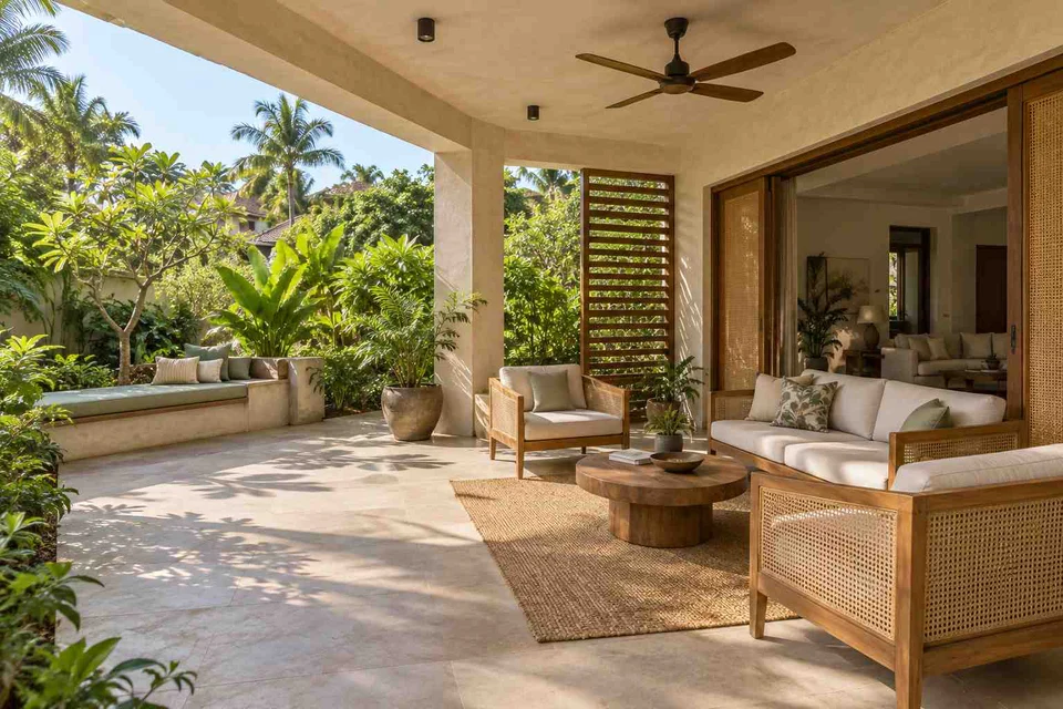 AI-generated outdoor concept: indoor outdoor salon, coastal woven direction