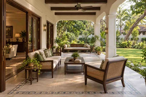 AI-generated outdoor concept: indoor outdoor salon, colonial quiet direction