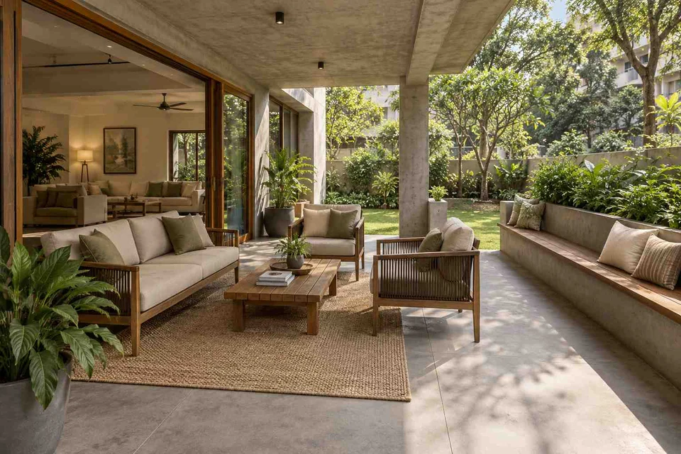 AI-generated outdoor concept: indoor outdoor salon, concrete and oak direction