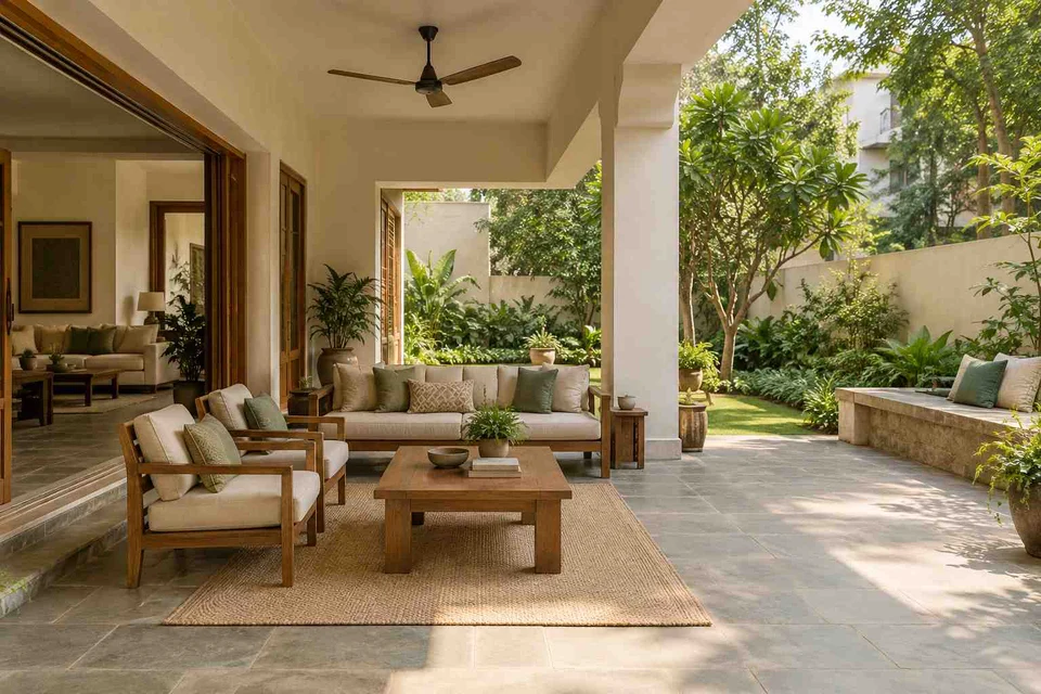 AI-generated outdoor concept: indoor outdoor salon, courtyard modern direction