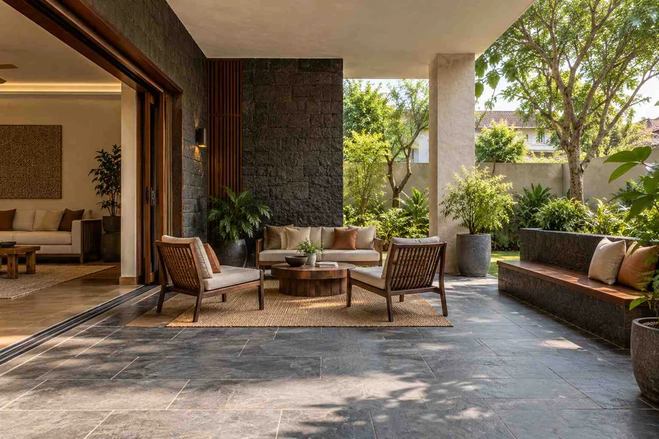 AI-generated outdoor concept: indoor outdoor salon, deccan stone direction