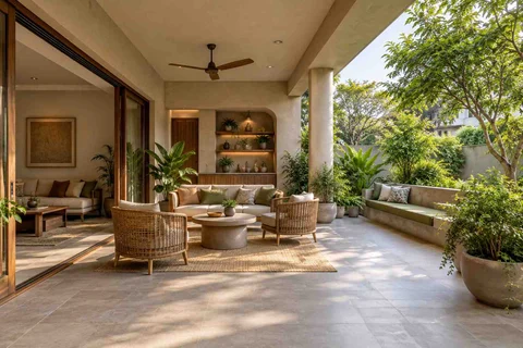 AI-generated outdoor concept: indoor outdoor salon, earth and bamboo direction