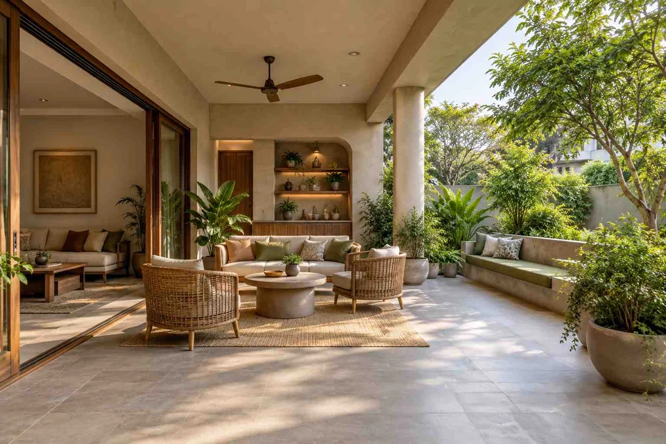 AI-generated outdoor concept: indoor outdoor salon, earth and bamboo direction