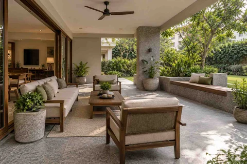 AI-generated outdoor concept: indoor outdoor salon, granite precision direction
