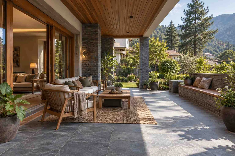 AI-generated outdoor concept: indoor outdoor salon, hill timber direction