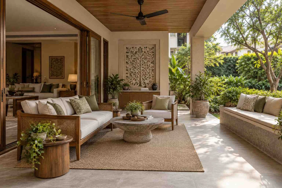 AI-generated outdoor concept: indoor outdoor salon, inlay atelier direction