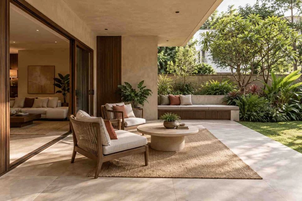 AI-generated outdoor concept: indoor outdoor salon, lime and walnut direction