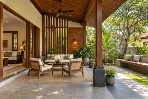 AI-generated outdoor concept: indoor outdoor salon, malabar timber direction