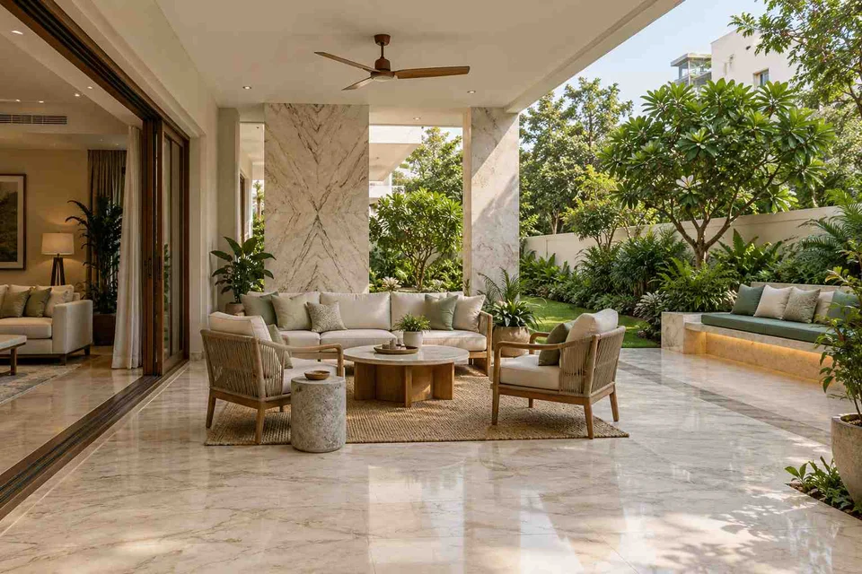 AI-generated outdoor concept: indoor outdoor salon, marble restraint direction