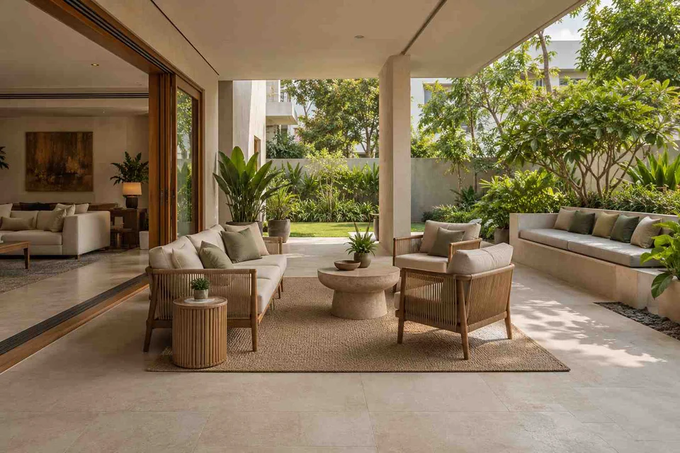 AI-generated outdoor concept: indoor outdoor salon, quiet contemporary direction
