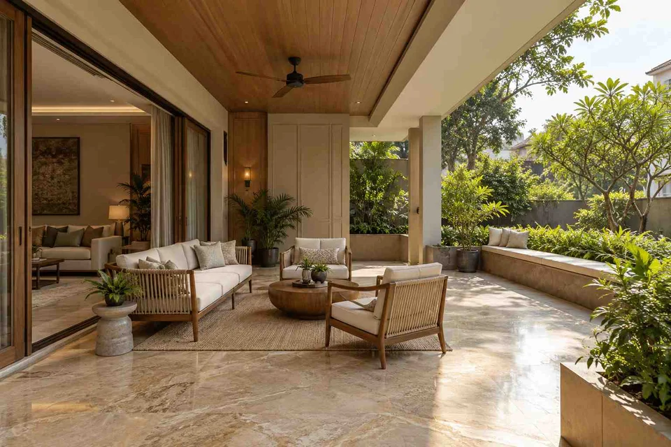 AI-generated outdoor concept: indoor outdoor salon, quiet transitional direction