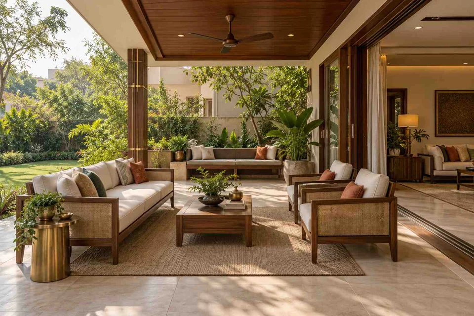 AI-generated outdoor concept: indoor outdoor salon, rosewood brass direction