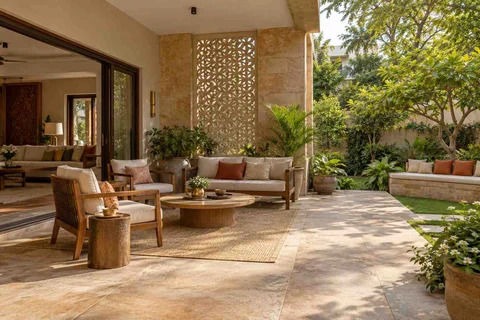 AI-generated outdoor concept: indoor outdoor salon, sandstone lattice direction