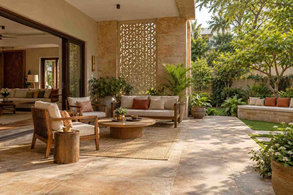 AI-generated outdoor concept: indoor outdoor salon, sandstone lattice direction
