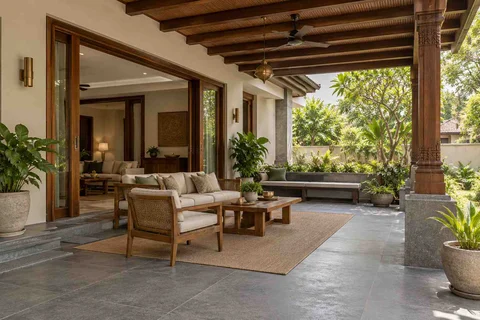 AI-generated outdoor concept: indoor outdoor salon, teak craft direction