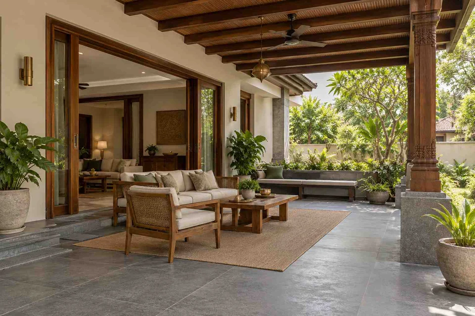 AI-generated outdoor concept: indoor outdoor salon, teak craft direction