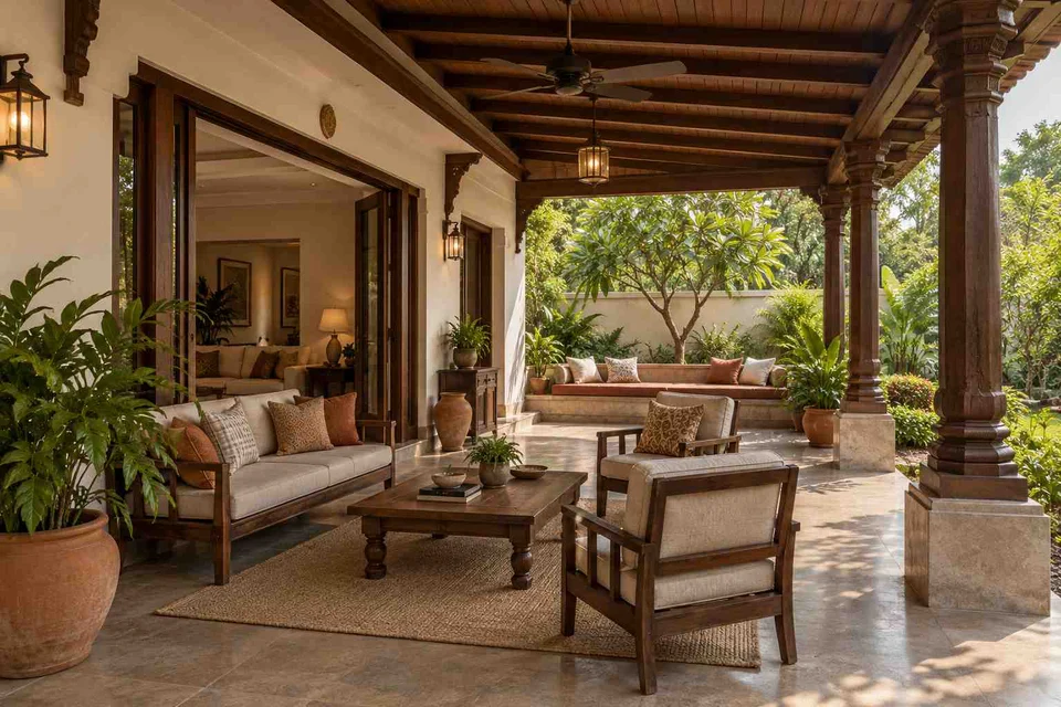 AI-generated outdoor concept: indoor outdoor salon, terracotta heritage direction