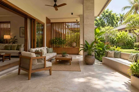 AI-generated outdoor concept: indoor outdoor salon, tropical slatted direction