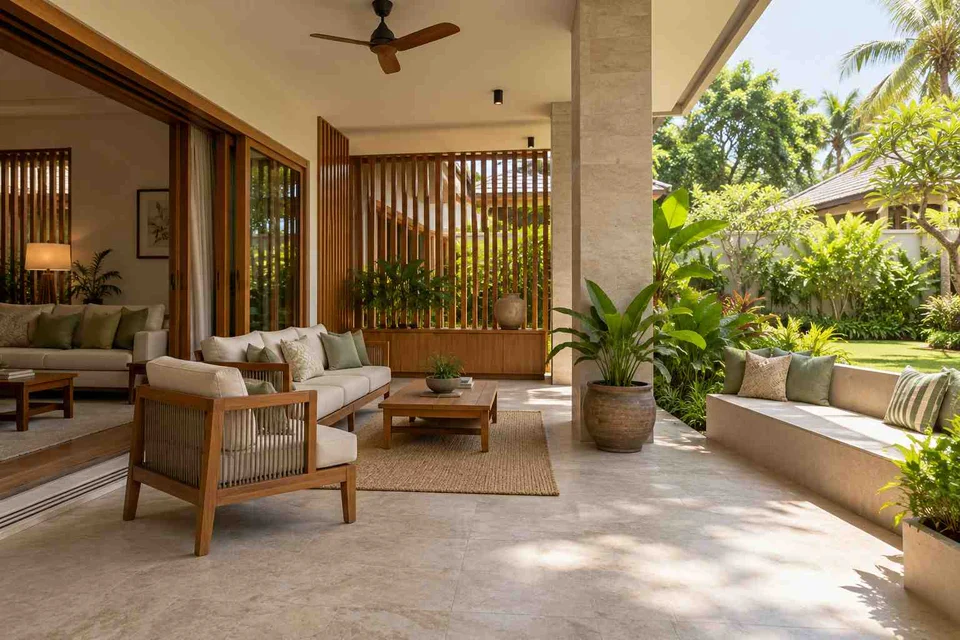 AI-generated outdoor concept: indoor outdoor salon, tropical slatted direction
