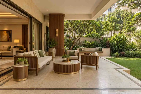 AI-generated outdoor concept: indoor outdoor salon, urban deco direction
