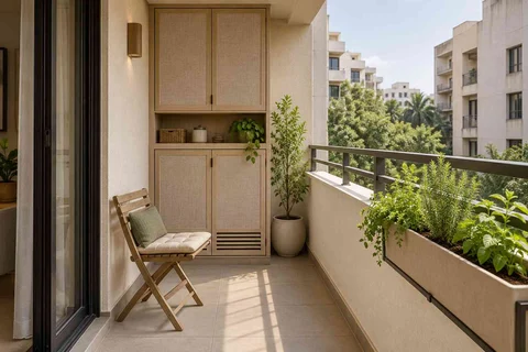 AI-generated outdoor concept: kitchen utility balcony, ash and linen direction