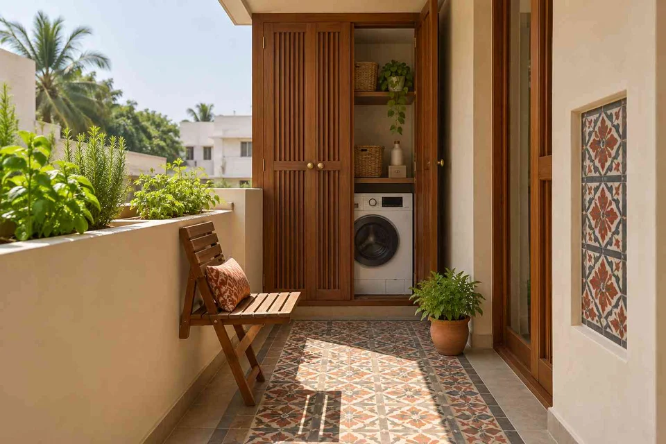 AI-generated outdoor concept: kitchen utility balcony, chettinad tile direction
