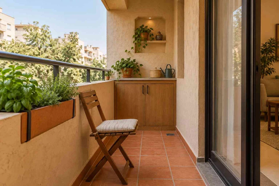 AI-generated outdoor concept: kitchen utility balcony, clay artisan direction