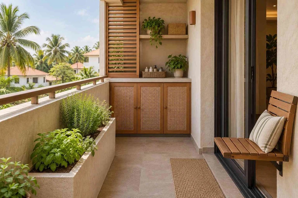 AI-generated outdoor concept: kitchen utility balcony, coastal woven direction