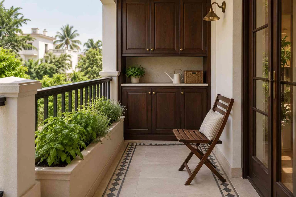 AI-generated outdoor concept: kitchen utility balcony, colonial quiet direction