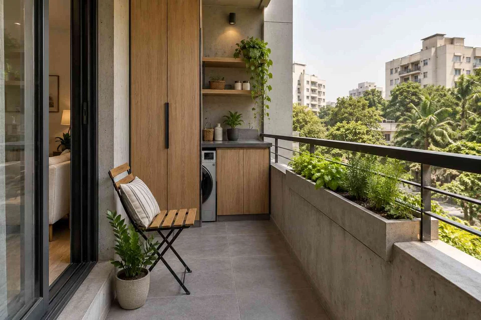 AI-generated outdoor concept: kitchen utility balcony, concrete and oak direction