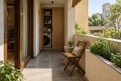 AI-generated outdoor concept: kitchen utility balcony, courtyard modern direction